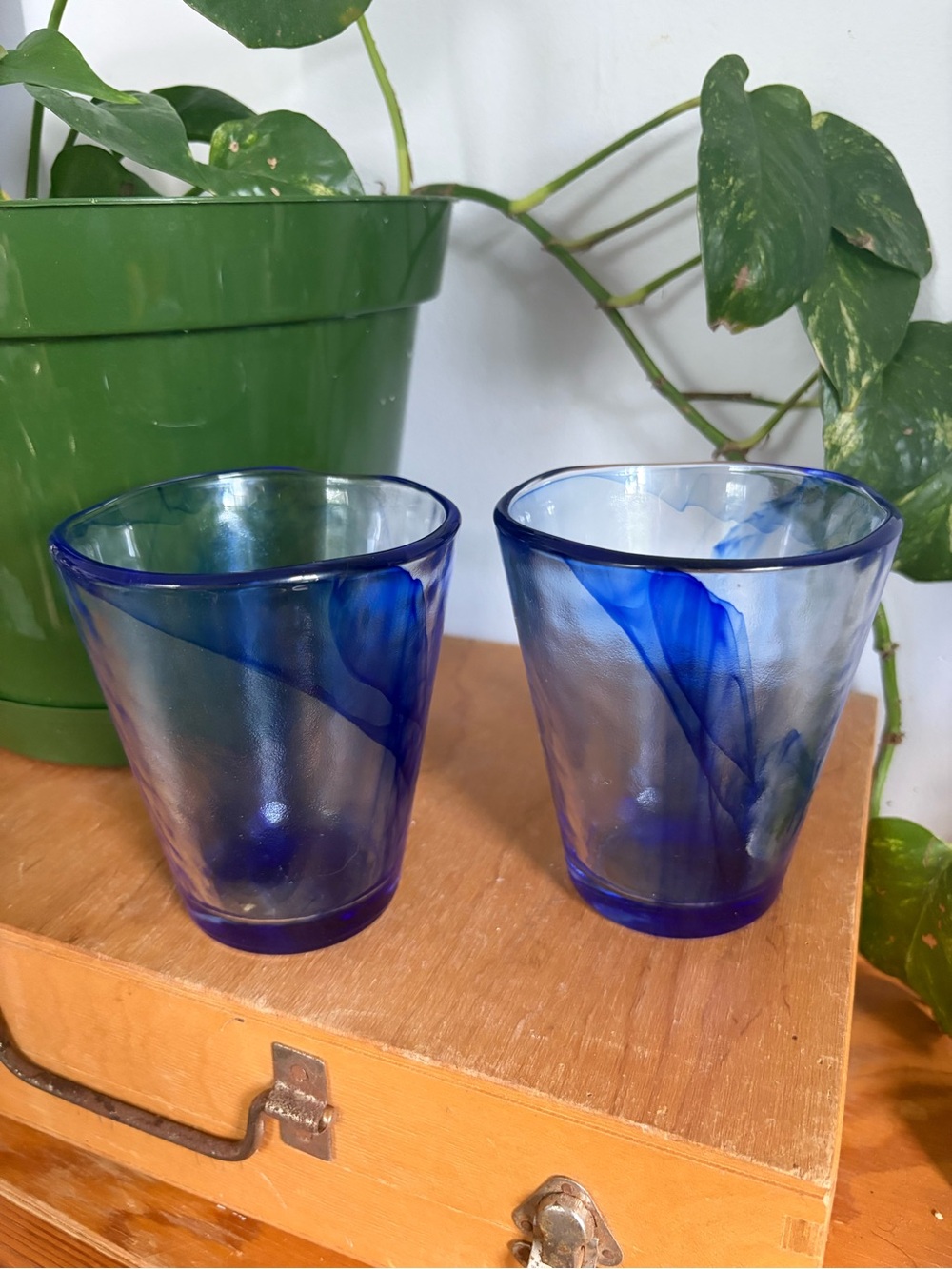 Pair of Italian Murano Glass Cobalt Blue Tumlers with Swirl Design